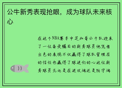 公牛新秀表现抢眼，成为球队未来核心